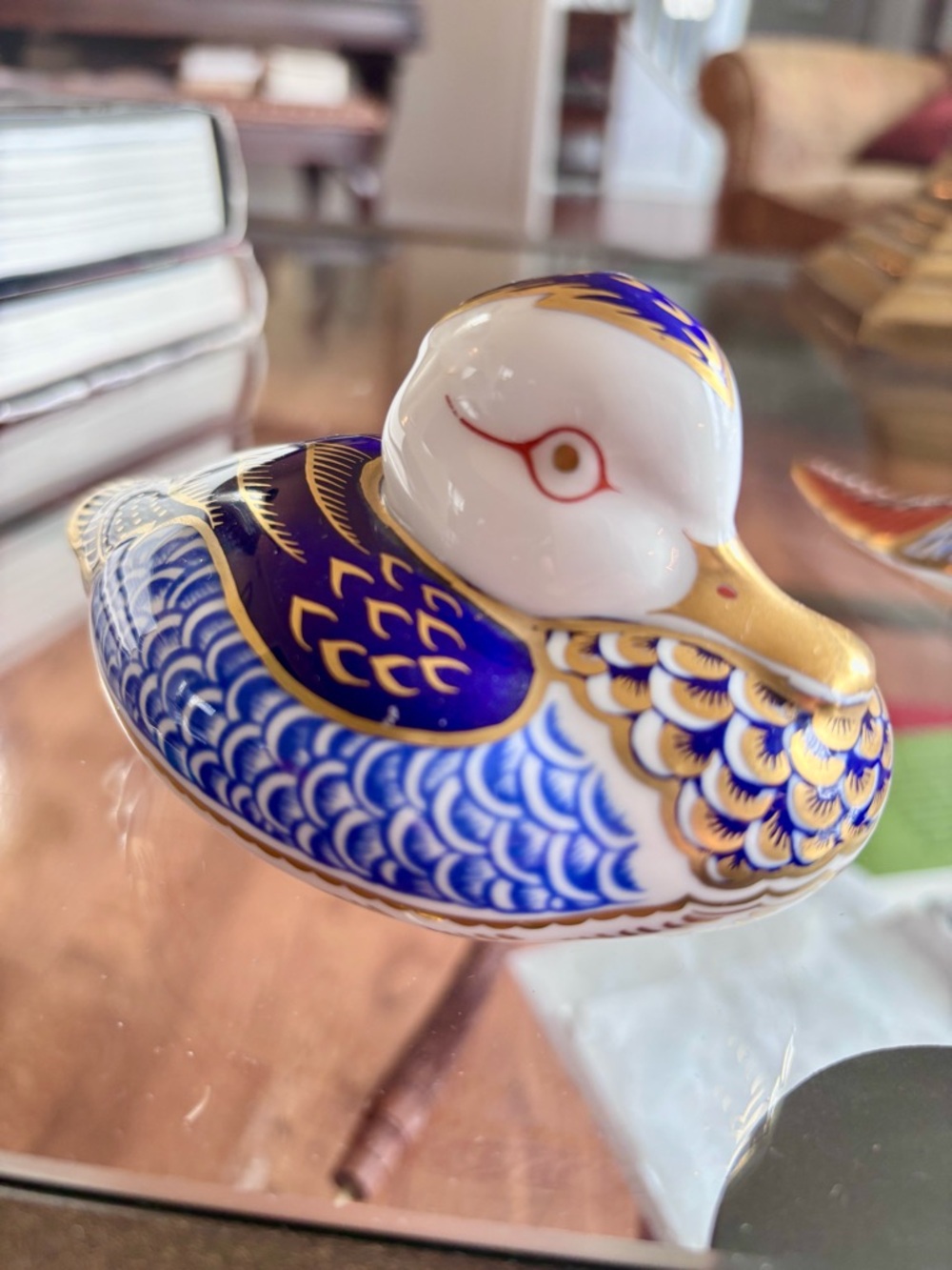 Blue and Gold Leaf Porcelain Duck Figurine